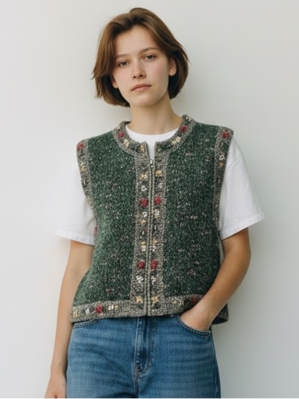 Vintage St. John’s Bay Green Wool Knit Vest with Floral Embroidery